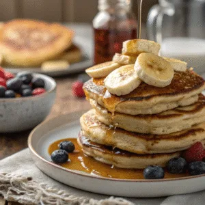 Banana Cottage Cheese Pancakes (High Protein & Quick Recipe) banana cottage cheese pancakes Stack of banana cottage cheese pancakes with syrup and banana slices