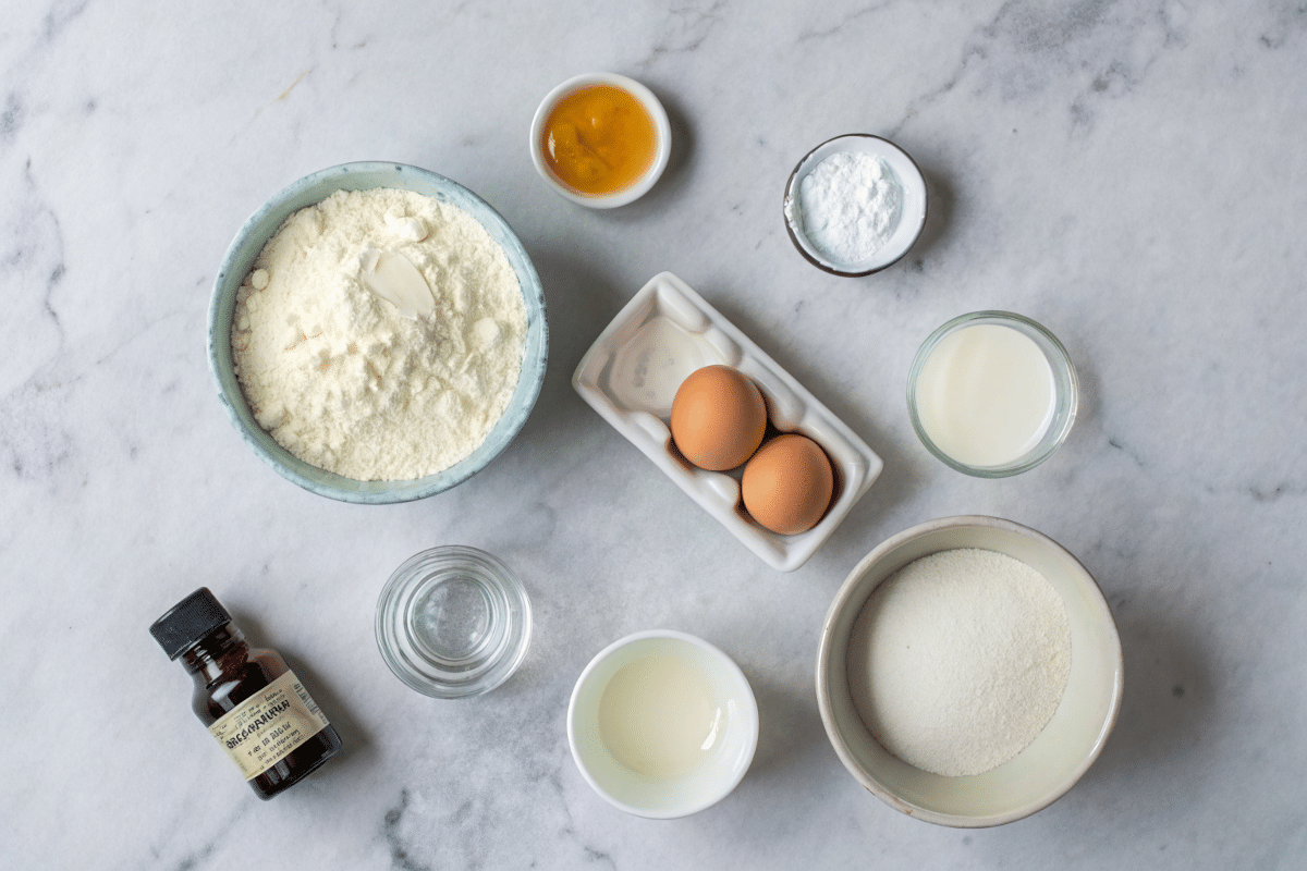 bento-cake-ingredients-layout Ingredients for mini bento cake on marble surface