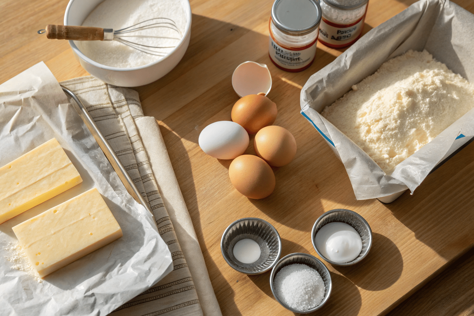 bento-cake-ingredients Bento cake ingredients flat-lay on kitchen counter