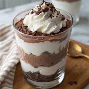 Cottage Cheese Chocolate Mousse: Creamy High Protein Dessert Recipe Cottage Cheese Chocolate Mousse Cottage cheese chocolate mousse in glass layered with whipped cream