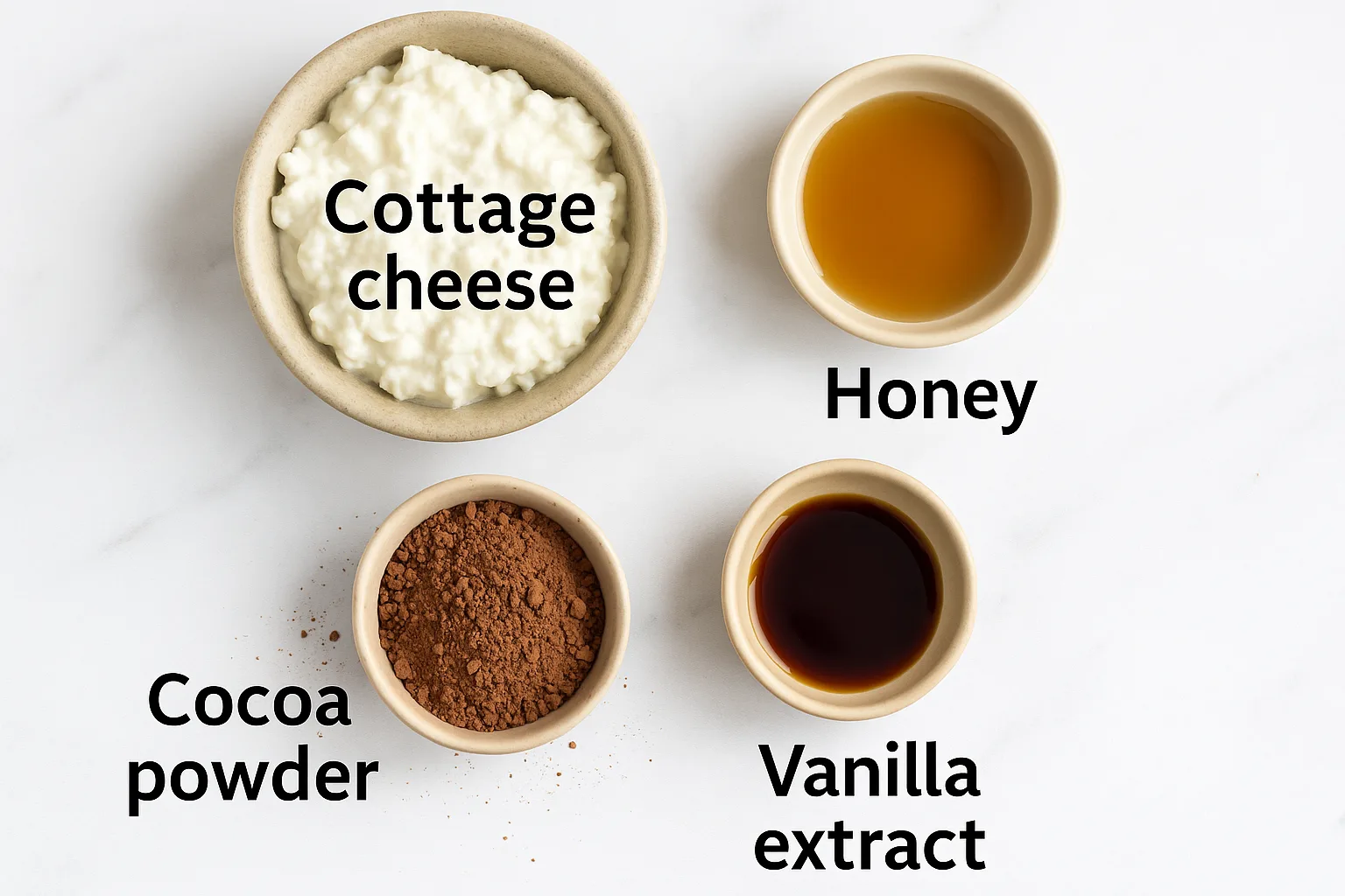 cottage-cheese-chocolate-mousse-ingredients Cottage cheese, cocoa powder, honey, and vanilla extract ingredients