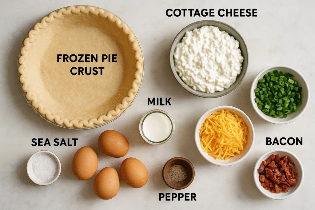 Cottage Cheese Quiche (Creamy, High-Protein, Easy Meal) Cottage Cheese Quiche Ingredients for cottage cheese quiche on white background
