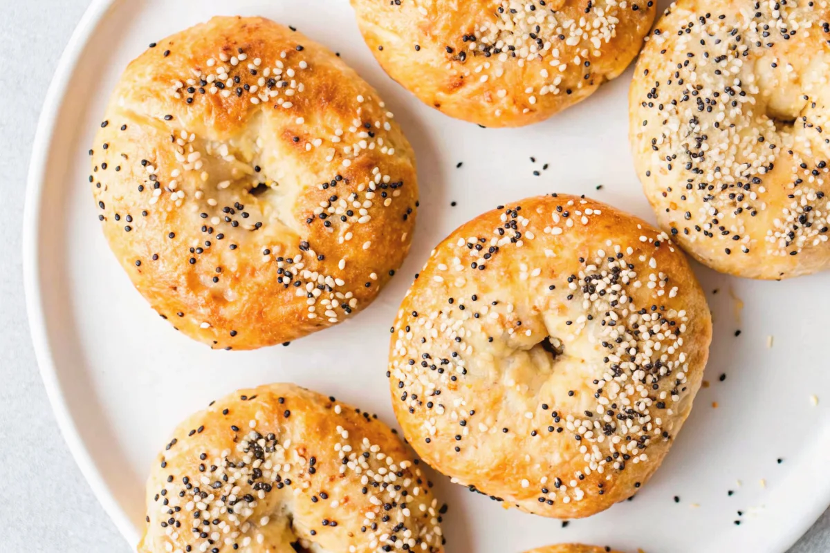 everything-high-protein-bagels Everything-topped high protein bagels on white plate