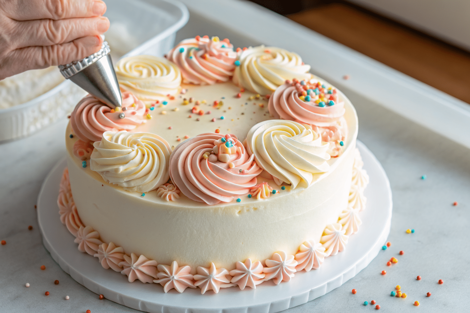 piping-buttercream-bento-cake Piping buttercream onto bento cake