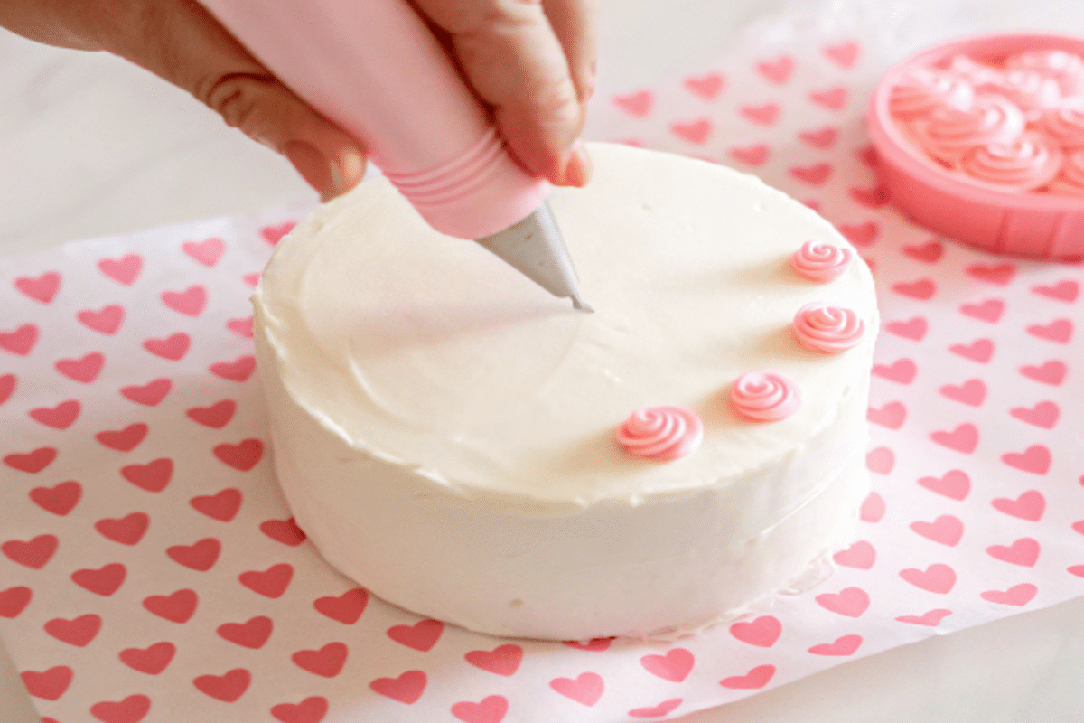 piping-buttercream-rosettes Piping pink buttercream rosettes onto mini bento cake