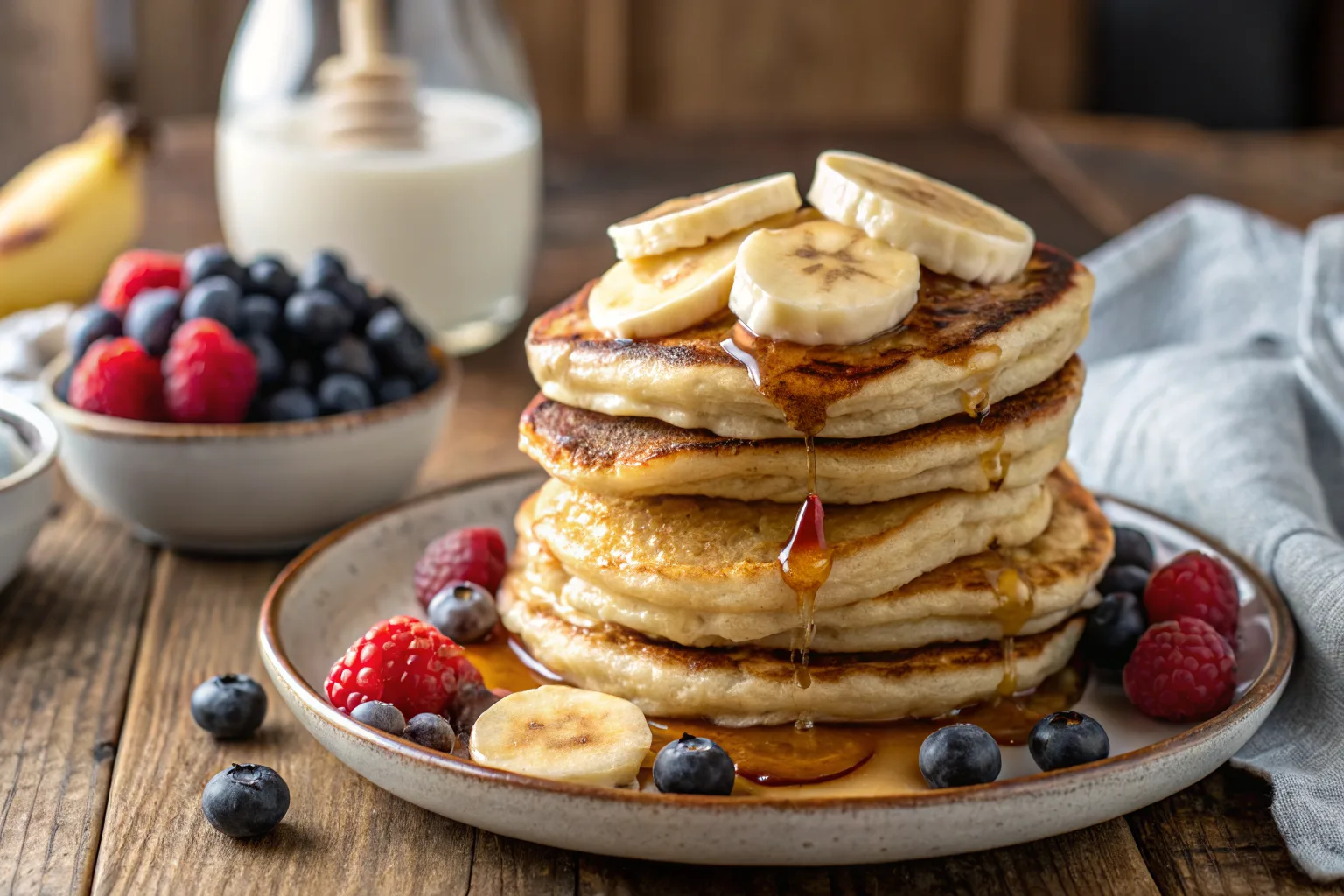 served-banana-cottage-cheese-pancakes served banana cottage cheese pancake stack