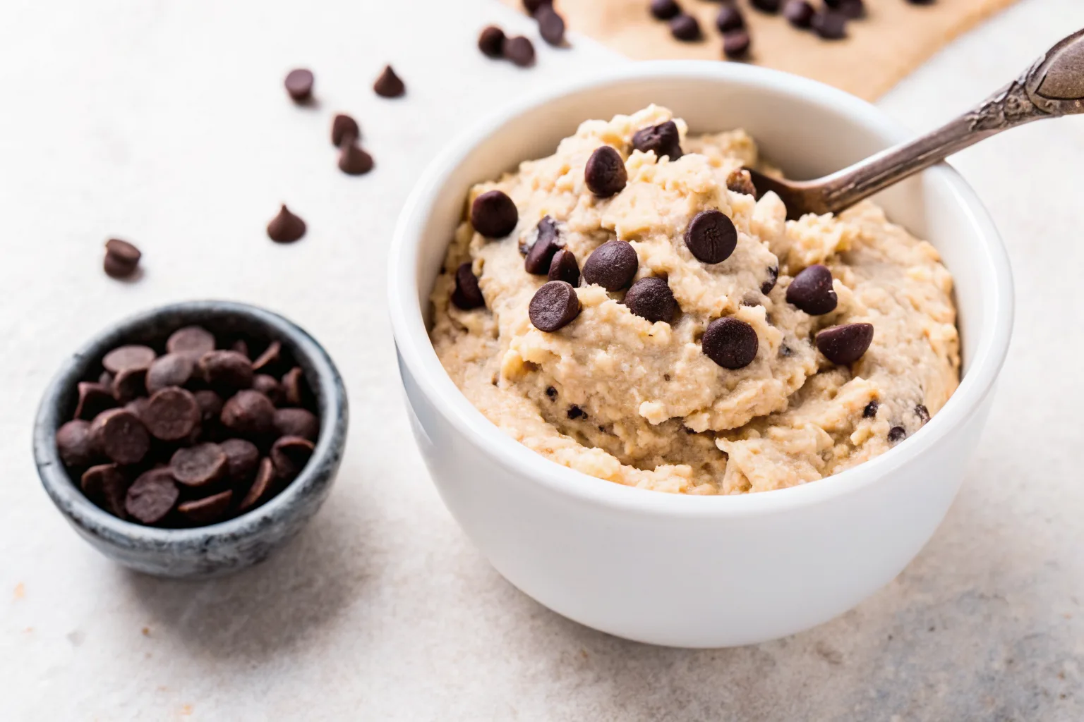stir-cookie-dough-chocolate-chips Close-up of spoon scooping cottage cheese cookie dough