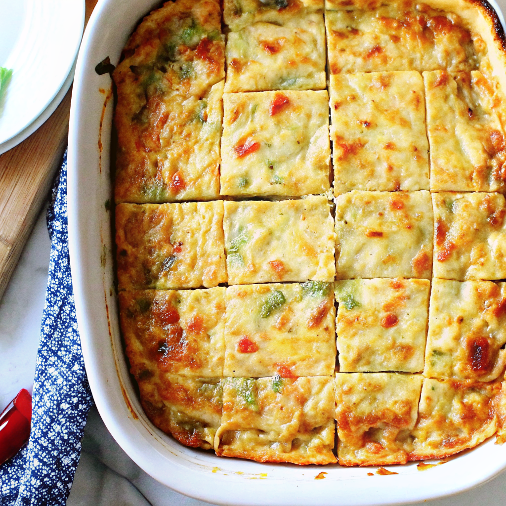 baked-egg-bake-cooked Fully baked cottage cheese egg casserole in baking dish