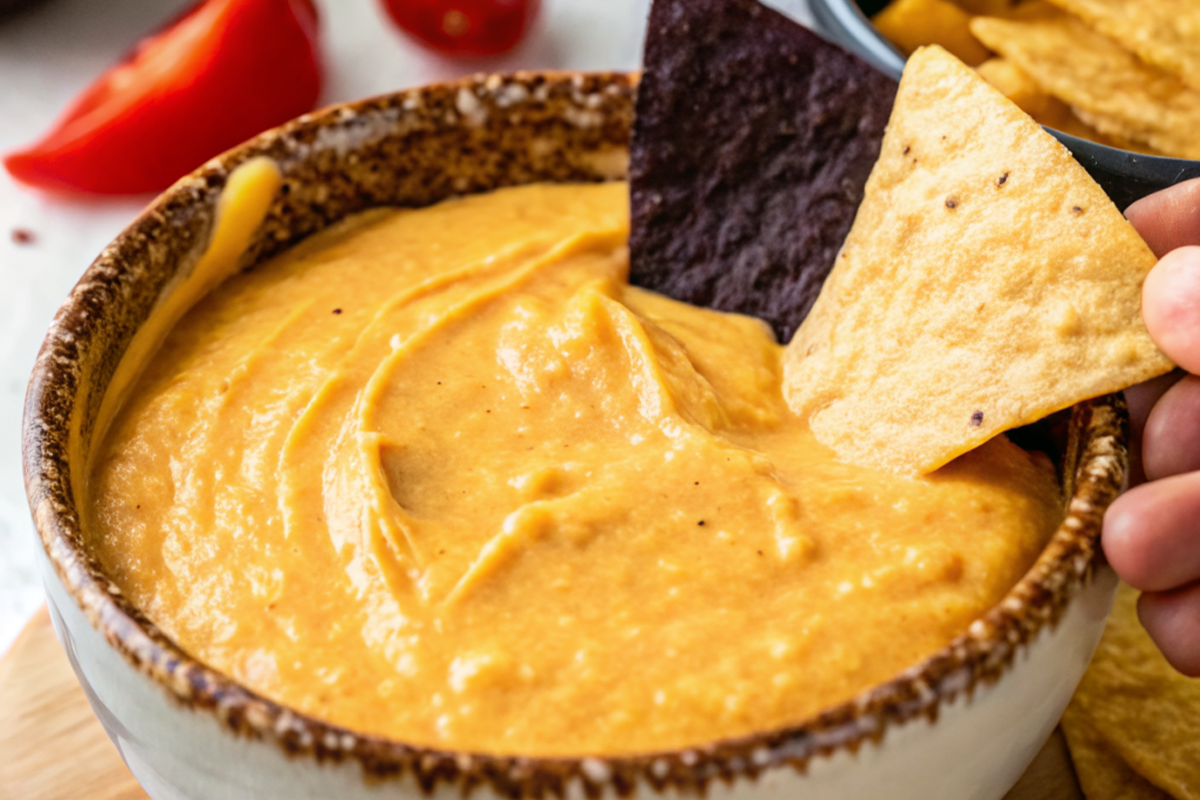 cheese-melted-cottage-cheese-queso Melted cottage cheese queso dip with tortilla chip and garnish