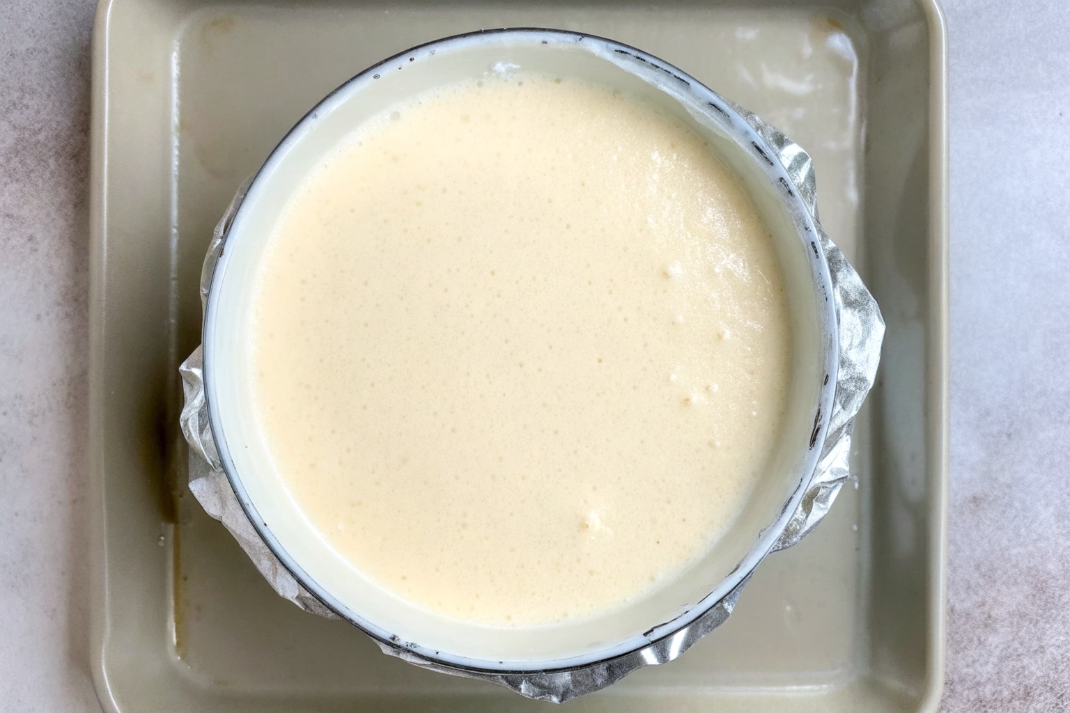 cloud-cake-water-bath-prep Cloud cake batter in springform pan before baking