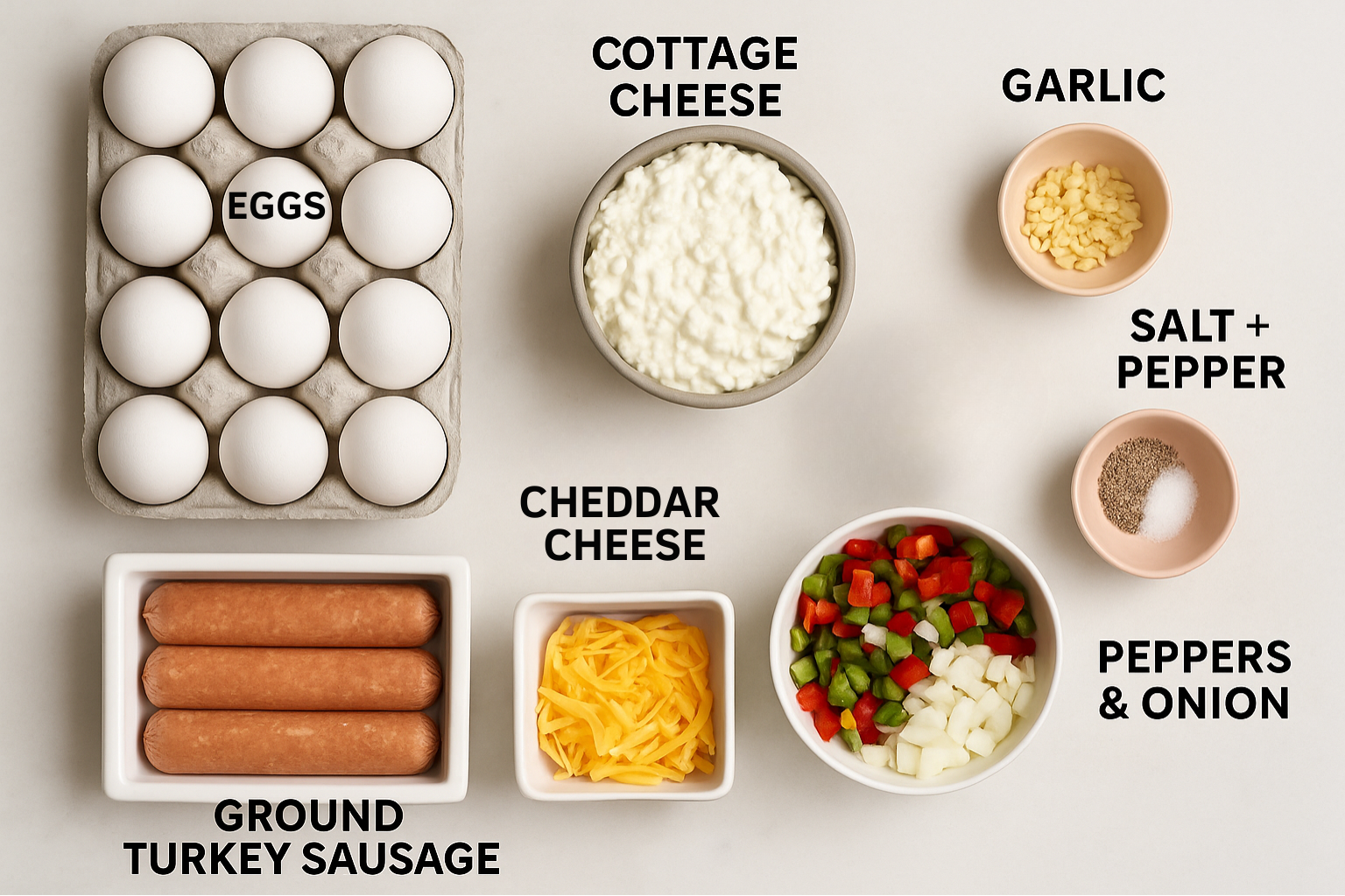 cottage-cheese-egg-bake-ingredients Ingredients for cottage cheese egg bake including eggs, cheese, sausage and peppers