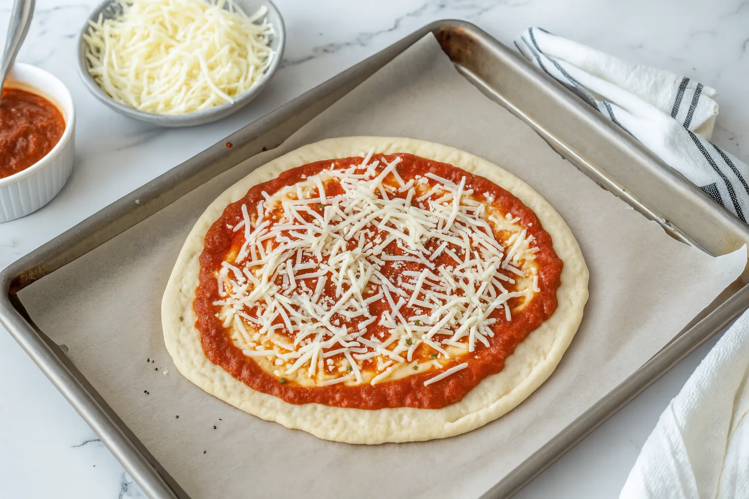 cottage-cheese-pizza-cheese-step Shredded cheese spread over pizza crust and sauce