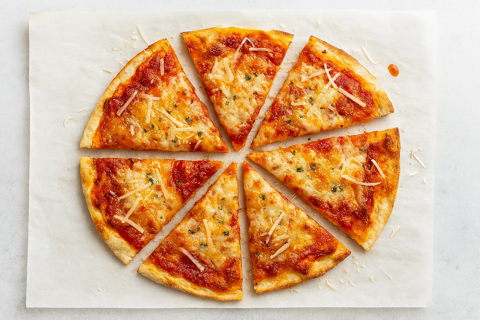 Cottage cheese pizza crust sliced on parchment