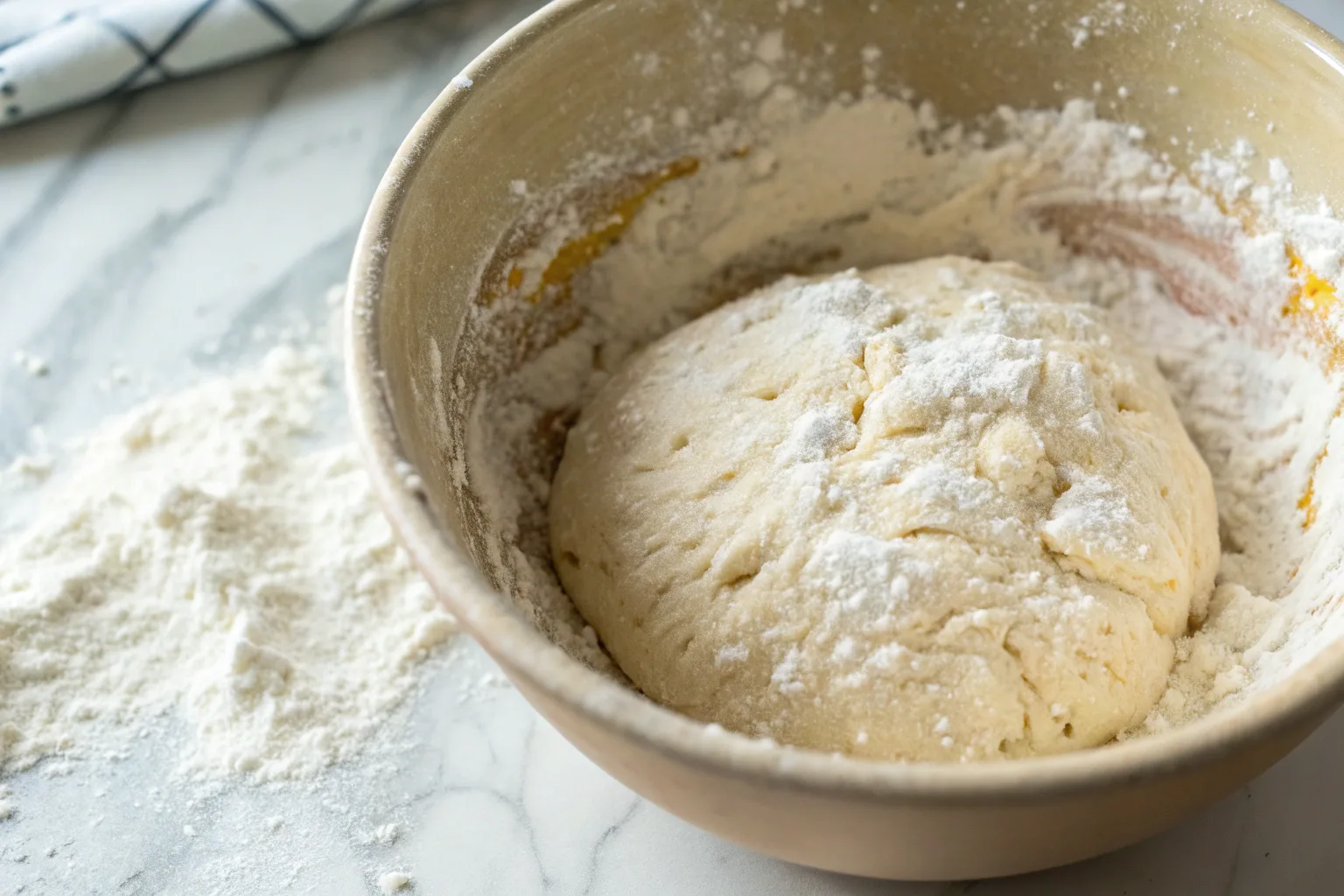 cottage-cheese-pizza-dough-ingredients Cottage cheese pizza dough mixed in a bowl