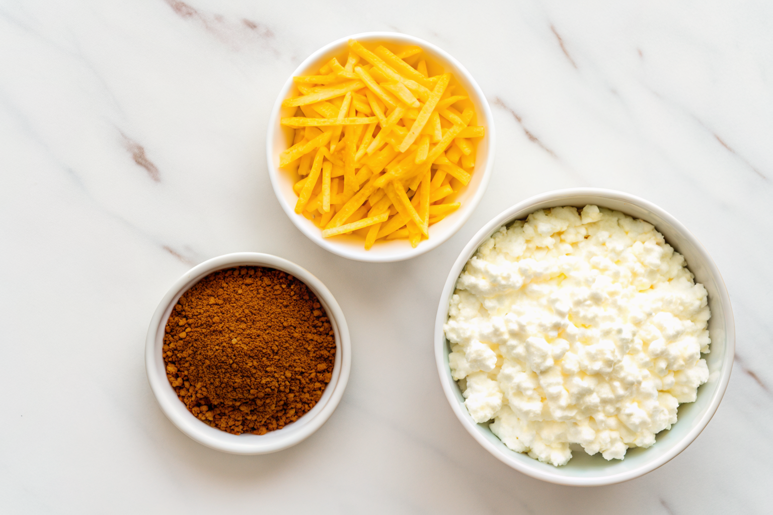 cottage-cheese-queso-ingredients Cottage cheese, taco seasoning, and shredded cheddar in white bowls