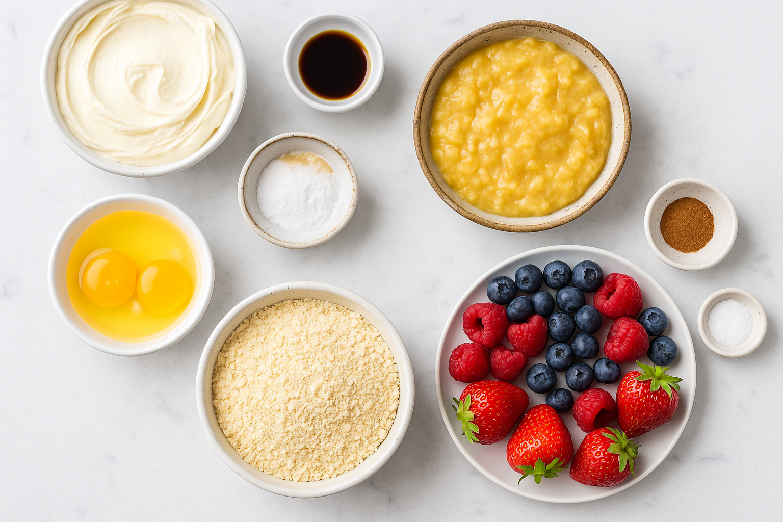 smash-cake-ingredients-flatlay Flat lay of smash cake ingredients including almond flour and mashed banana