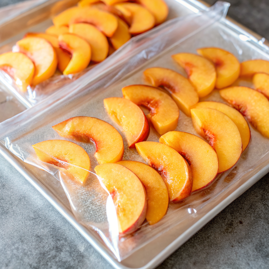storing-frozen-peaches Frozen peach slices stored in freezer bags