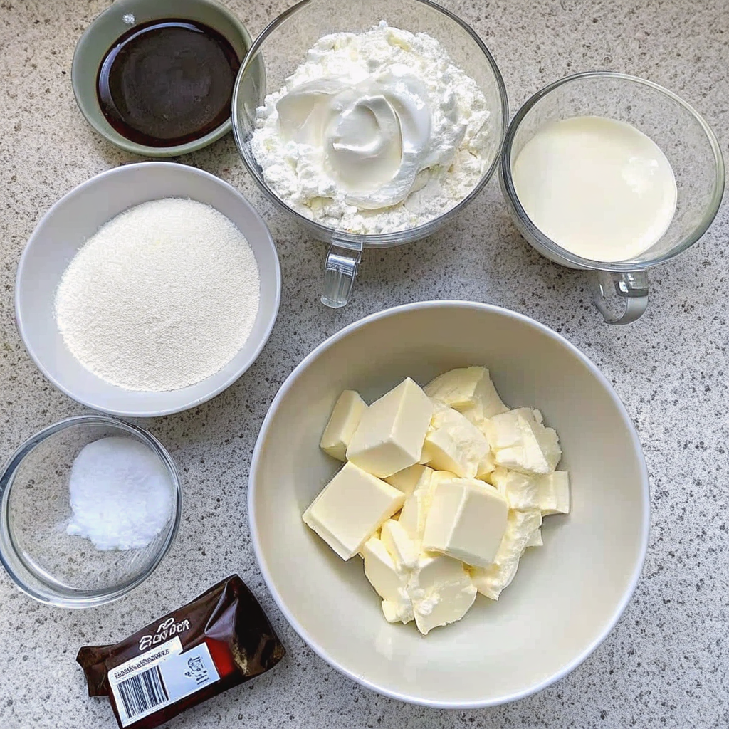 brownie-cheesecake-birthday-cake-ingredients Ingredients for brownie cheesecake birthday cake including butter, cream cheese, sugar, cream, vanilla, salt, and chocolate on a countertop.