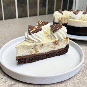 Brownie Cheesecake Birthday Cake – Rich, Fudgy & Creamy Brownie Cheesecake Birthday Cake Slice of brownie cheesecake birthday cake with a fudgy brownie base, creamy cheesecake layer, whipped cream swirls, and mini brownie pieces on top.