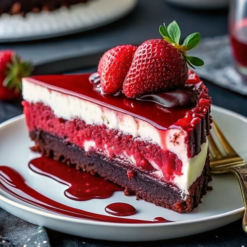 layered-red-velvet-strawberry-cheesecake-with-berrie Layered red velvet strawberry cheesecake topped with whole strawberries and a glossy berry glaze, served on a dessert plate.