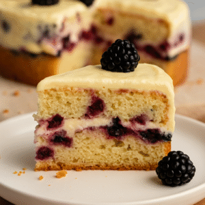 Lemon Blackberry Cake – Fresh, Fruity & Elegant Lemon Blackberry Cake Close-up of a slice of lemon blackberry cake topped with mascarpone lemon curd frosting, fresh blackberries, and lemon zest curls.