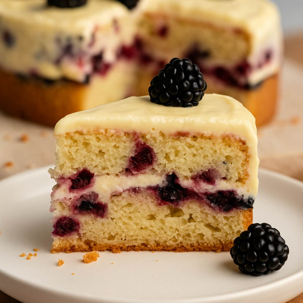 lemon-blackberry-cake-slice Close-up of a slice of lemon blackberry cake topped with mascarpone lemon curd frosting, fresh blackberries, and lemon zest curls.