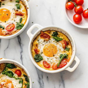 Mediterranean Baked Feta Eggs – Easy Healthy Breakfast Mediterranean baked feta eggs White ramekins of Mediterranean baked feta eggs with roasted cherry tomatoes, spinach, and sunny-side yolks on a marble surface with fresh tomatoes on the side