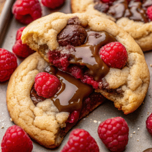 Raspberry Chocolate Chunk Cookies: The Amazing Ultimate Recipe You Can’t Resist Raspberry Chocolate Chunk Cookies Close-up of Raspberry Chocolate Chunk Cookie with melty chocolate and fresh raspberries