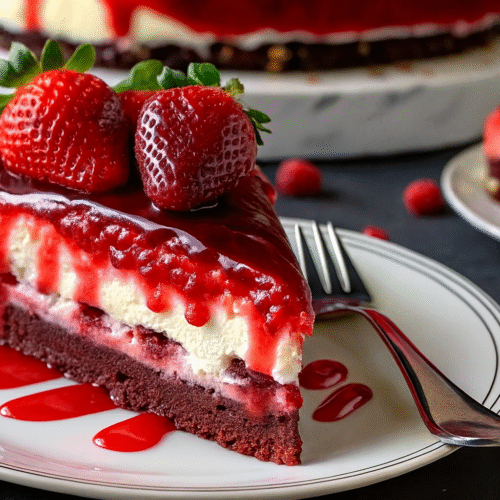 Red Velvet Strawberry Cheesecake Red Velvet Strawberry Cheesecake A slice of red velvet strawberry cheesecake topped with fresh strawberries and drizzled with vibrant strawberry sauce on a white plate.