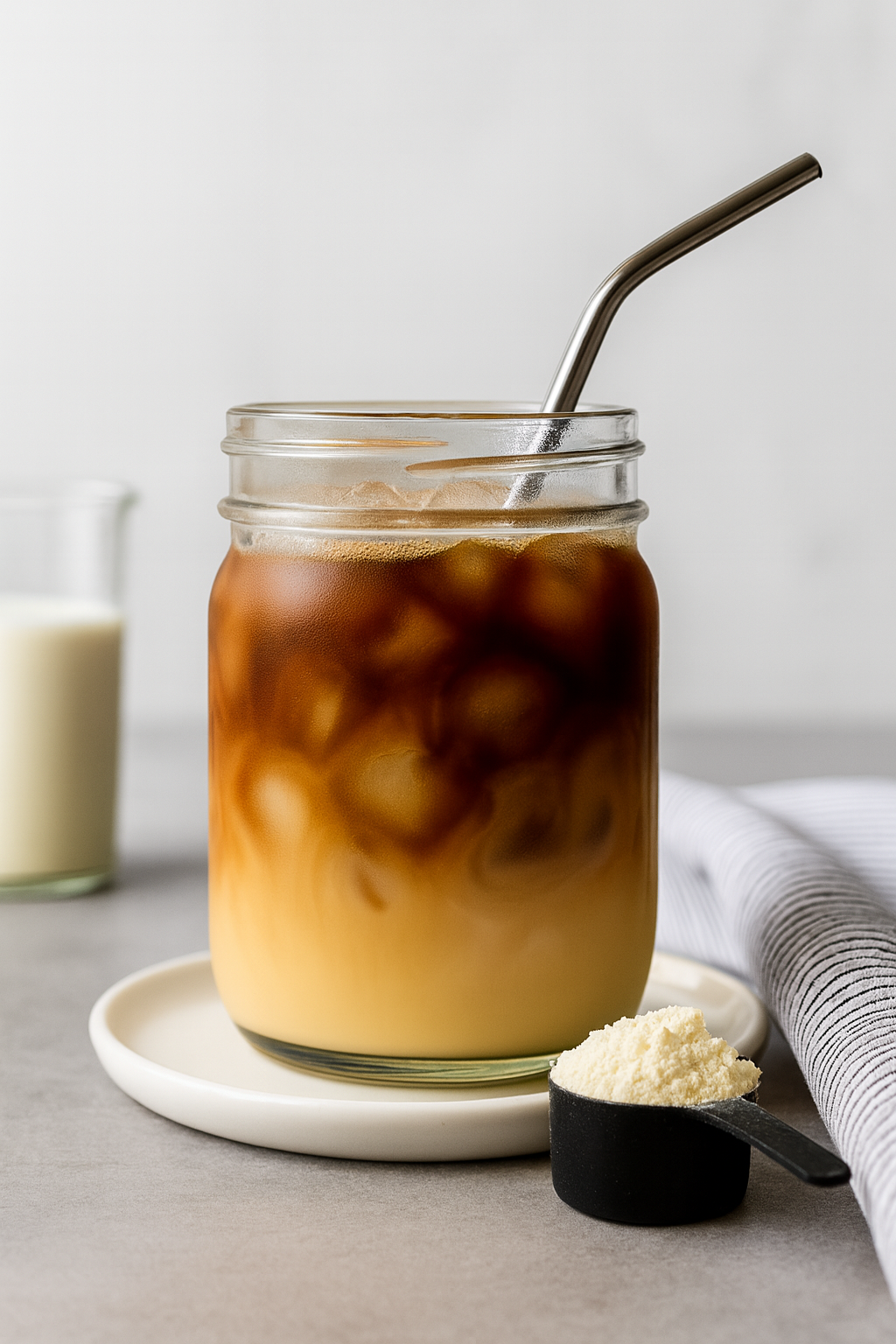 serving-glass-protein-coffee-recipe Served protein coffee in a glass with straw on a plate