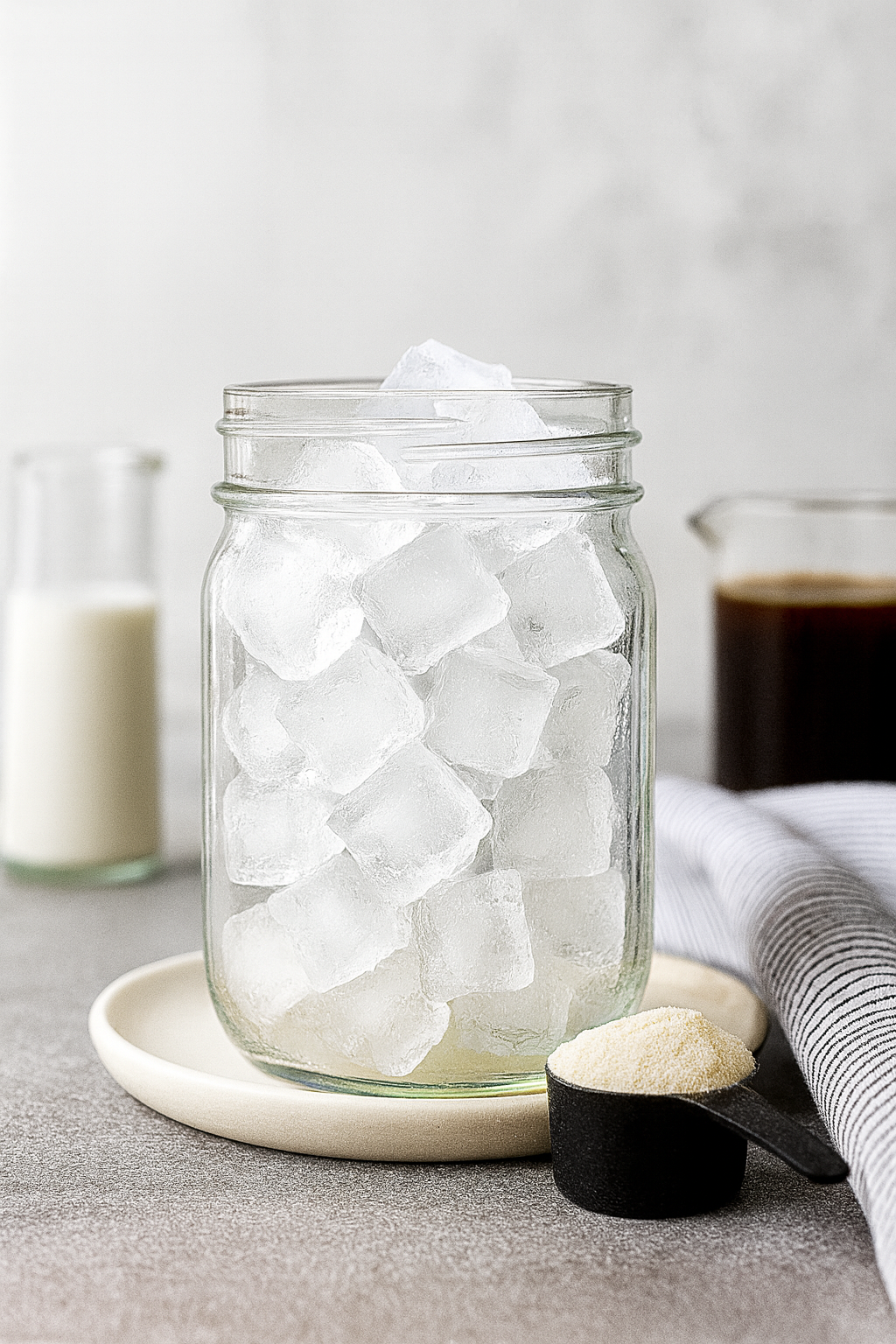 step1-add-ice-protein-coffee-recipe Glass filled with ice cubes for protein coffee recipe