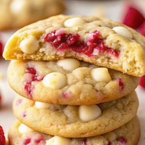 White Chocolate Raspberry Cookies – Quick, Bakery-Style Treat white chocolate raspberry cookies stack of white chocolate raspberry cookies with top cookie broken to show juicy raspberries inside