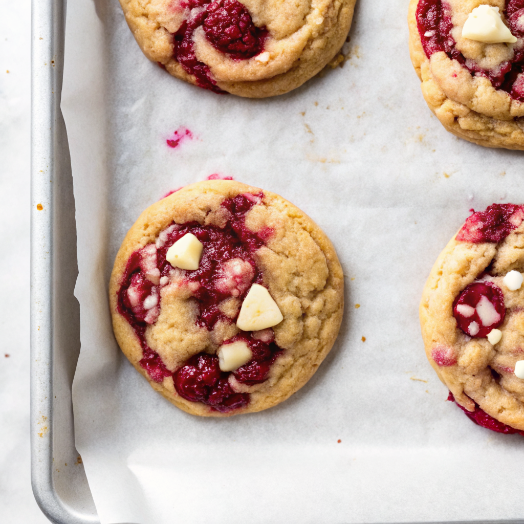 white-chocolate-raspberry-cookies freshly baked white chocolate raspberry cookies on parchment paper